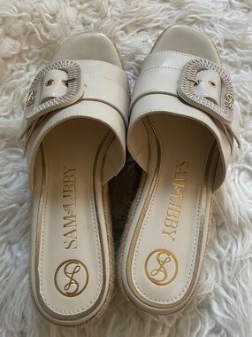 Sam and Libby Crysta Wedge Sandals Womens‎ 8 Ivory Platform Espadrille Buckle